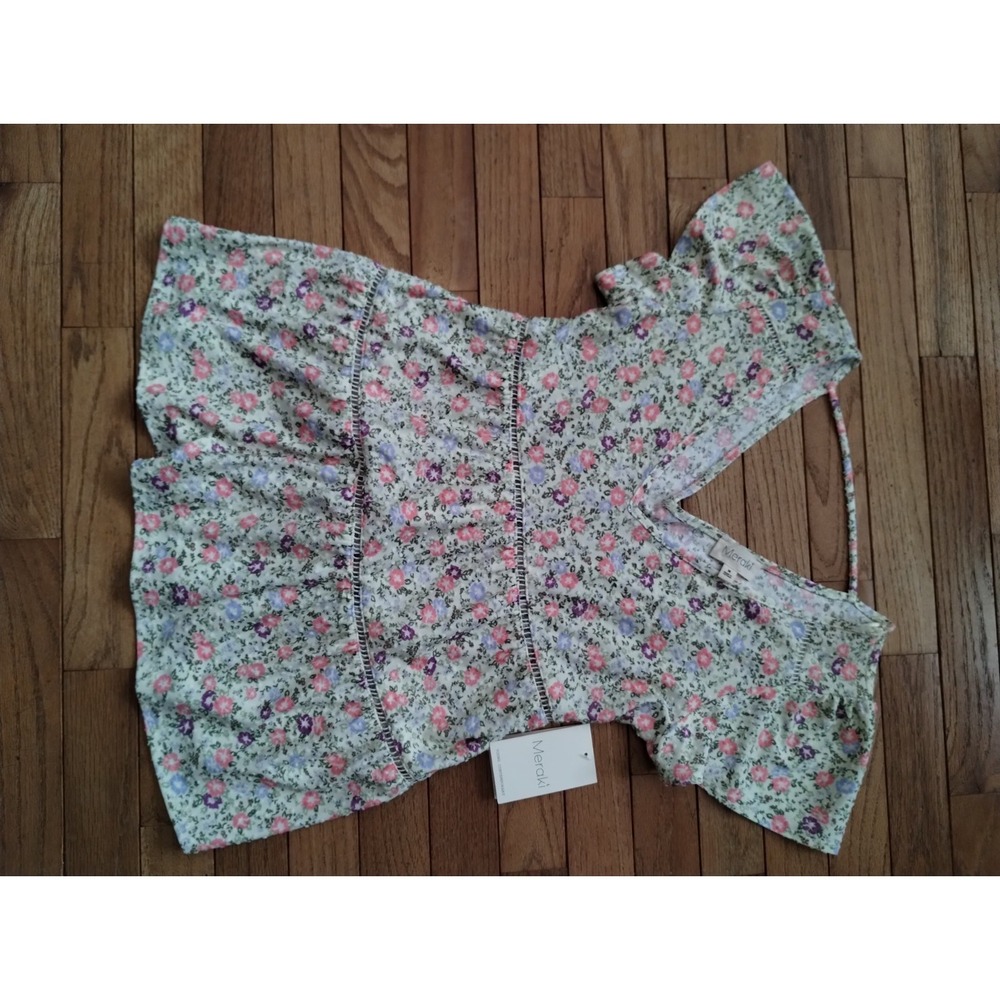 Meraki Women's Size M Floral Swiss Dot V Neck Blouse Boho Pheasant Cottage